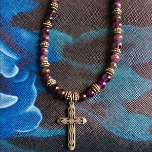 ✝️ Silver Purple Beaded Cross Necklace